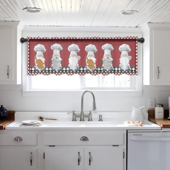 Red Chef Gnomes Valance Curtains for Kitchen/Living Room/Bathroom/Bedroom Window, Farmhouse Red White Plaid Rod Pocket Small Topper Half Short Window Curtains Voile Sheer Scarf 42"x18"