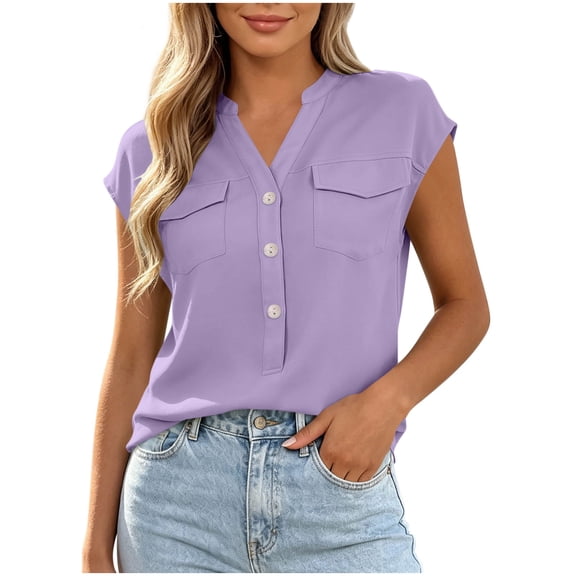 hoksml Women's Cap Sleeve Blouse, V Neck Henley Casual Shirt with Pockets, Loose Fit Work Tops for Office Daily Wear