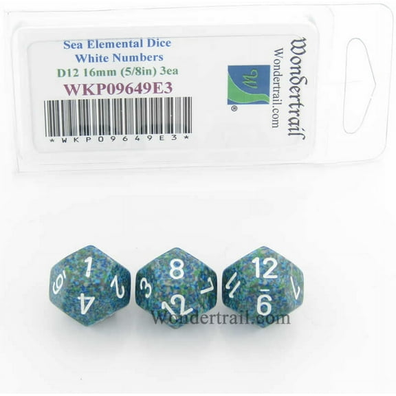 Sea Elemental Dice with White Numbers D12 16mm (5/8in) Pack of 3 Wondertrail