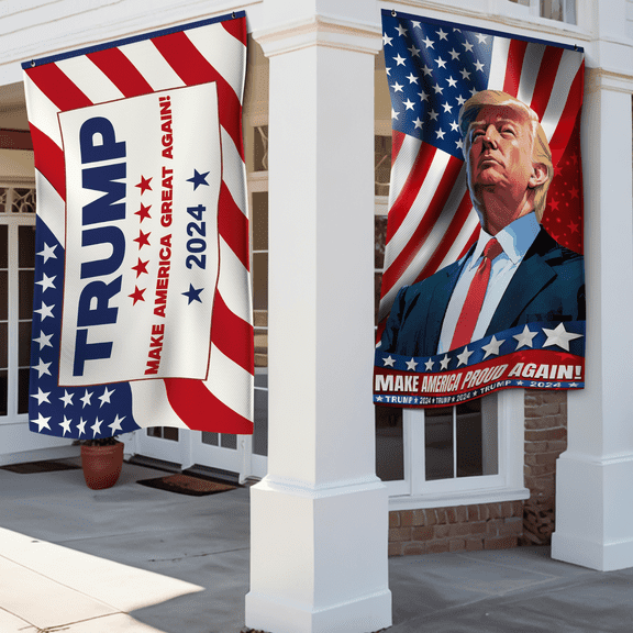DecorX Trump 2024 Campaign Flag Double-Sided, Double Angle Banner - Make America Proud Again & Make America Great Again - High-Quality Polyester, Vertical/Horizontal Design 3x5 Feet