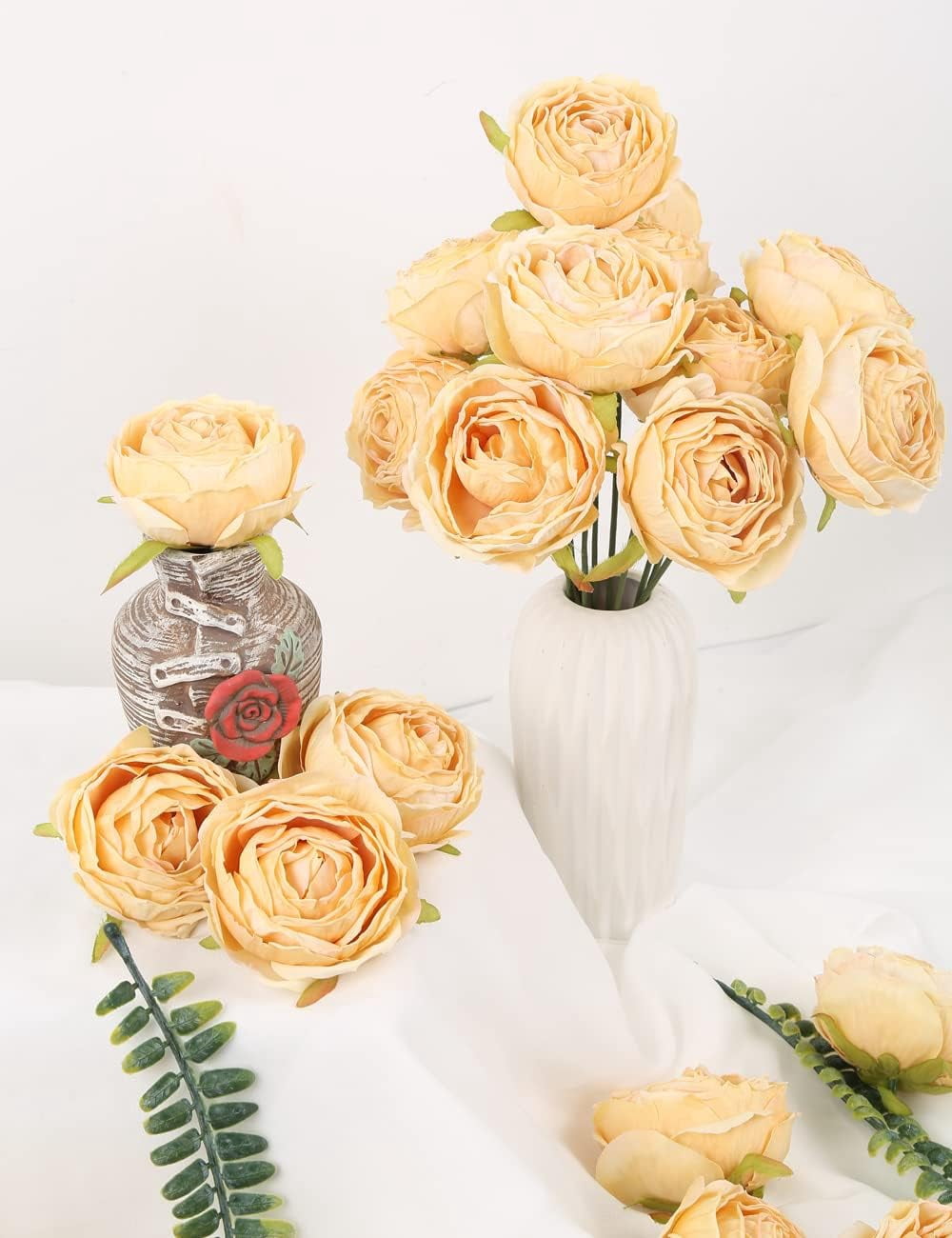 Fake Flower Heads Artificial Roses Bulk Dried Flowers with Stems Decorative Flowers for Head Table Wedding Decorations Dining Table Decor Centerpiece (Lemonade)