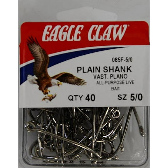 Eagle Claw 085F3-5/0 Plain Shank Hook, Nickel, Size 5/0, 40 Pack