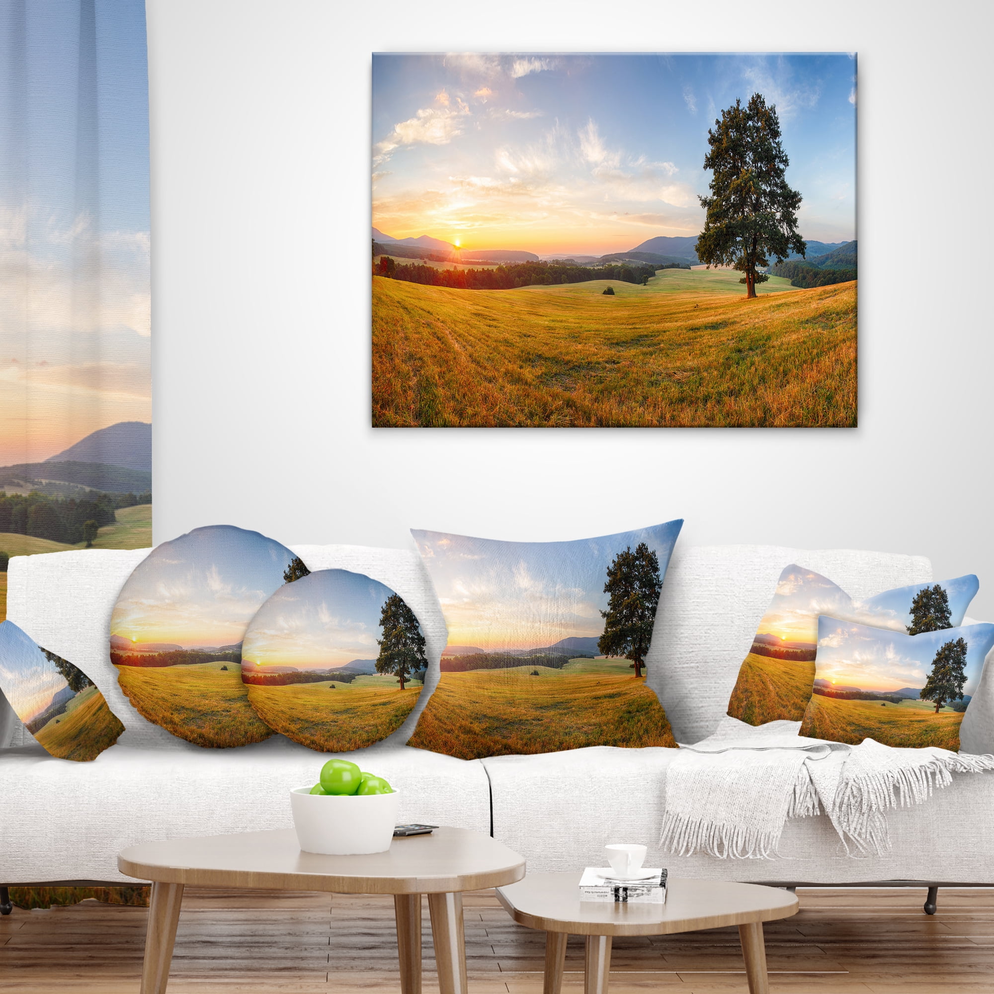 Designart Lonely Tree on Meadow at Sunset - Landscape Photography Throw Pillow - 12x20