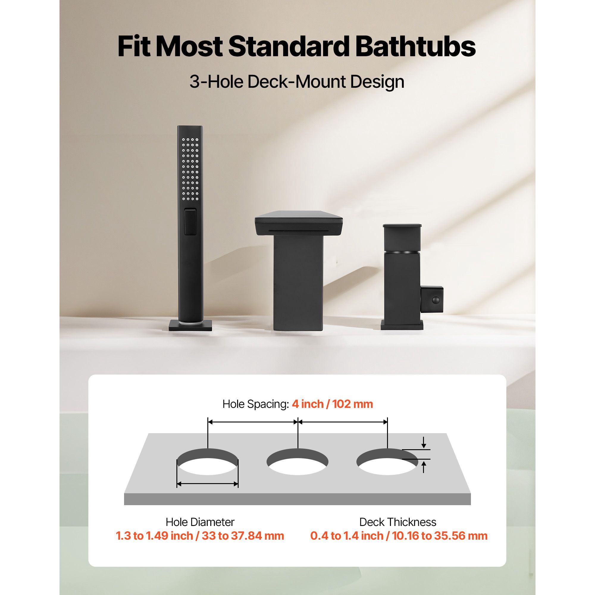 Dranite Roman Tub Faucet 3 Hole Waterfall Bathtub Faucet Set with Shower Head