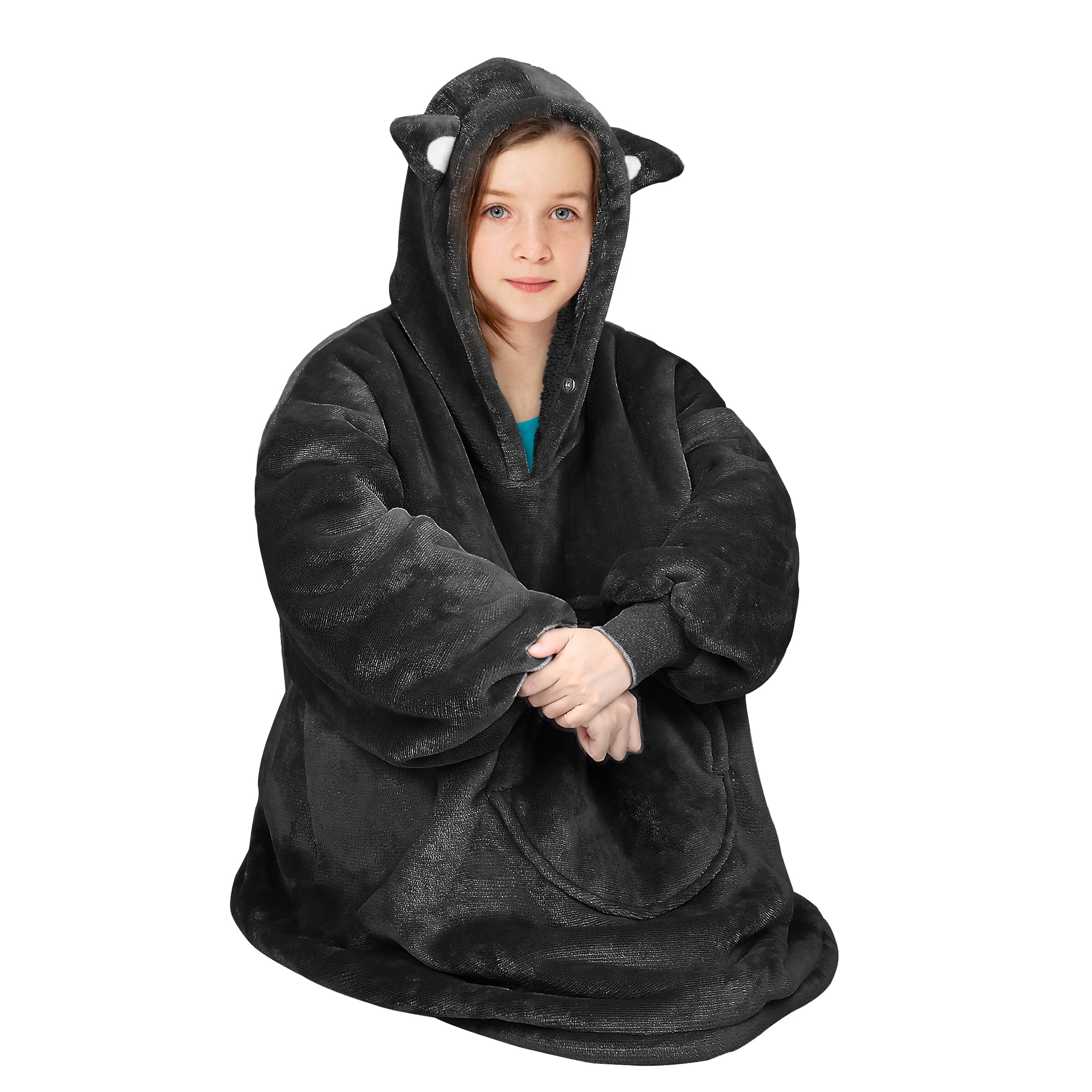Flyingstar Cat Oversized Sherpa Hoodie Sweatshirt for Women, Pockets, Hooded, Black Cat