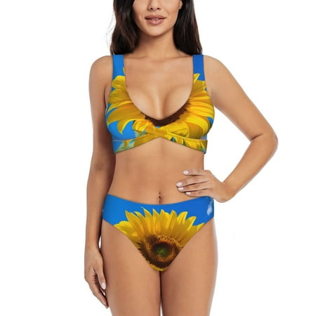 Zeuib Blue Sky Sunflower High Waisted Tummy Control Bikini Set - Knot Front Push Up Top & Cheeky Thong Bottom  Two-Piece Swimsuit for Women-Large