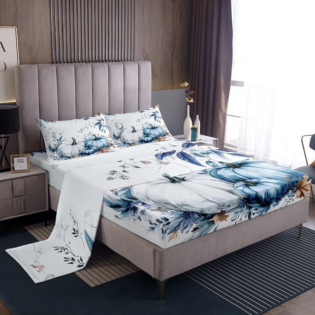 YST Draps Citrouille Enfants Action de Grâce Feuilles d'Érable Ensemble de Draps Rustique Automne Récolte Ensemble de Draps Format Grand pour Garçons Filles Décor de Chambre Campagnard d'Automne Drap Plat Drap-Housse, Blanc Bleu