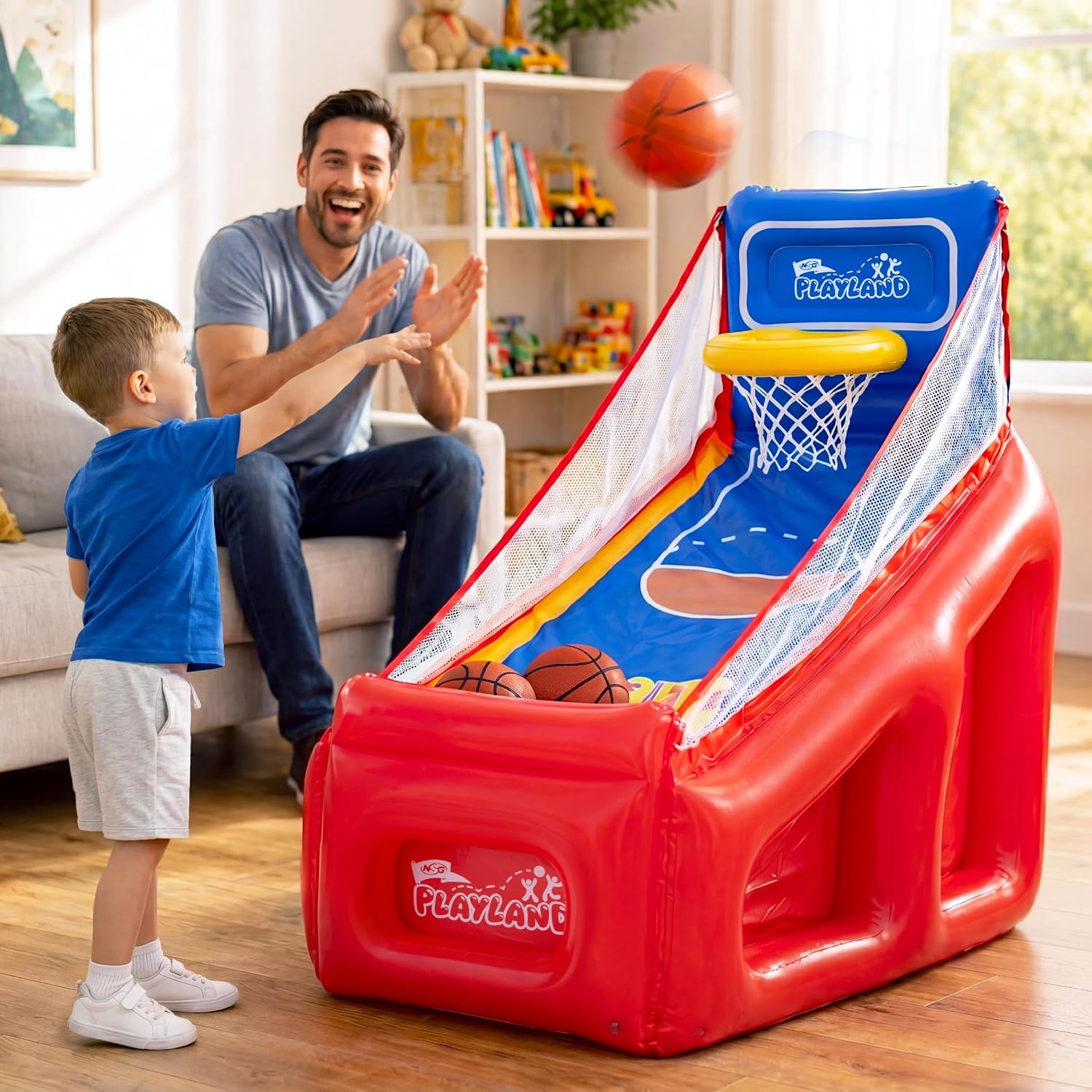 NSG PlayLand Shoot 'N' Score Inflatable Basketball Game for Kids Ages 3+ | Indoor & Outdoor Arcade Basketball Set with Hoop, 3 Balls & Pumps | Family Party Sports Toy