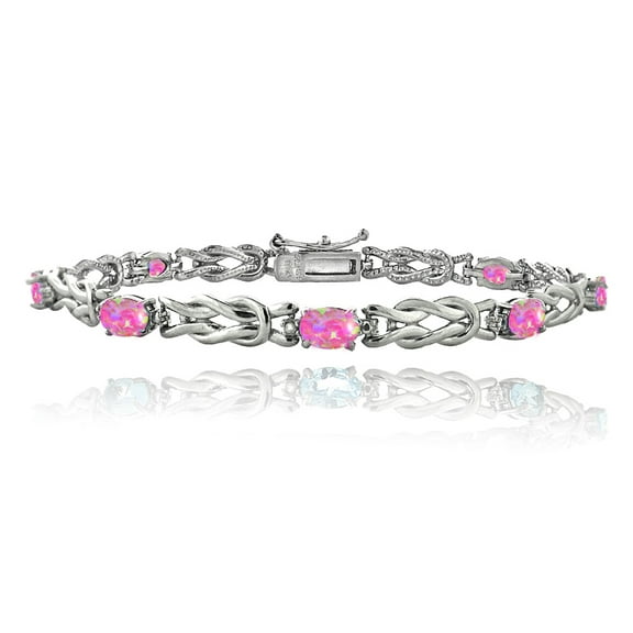 Silver Tone Simulated Pink Opal & Diamond Accent Love Knot Bracelet