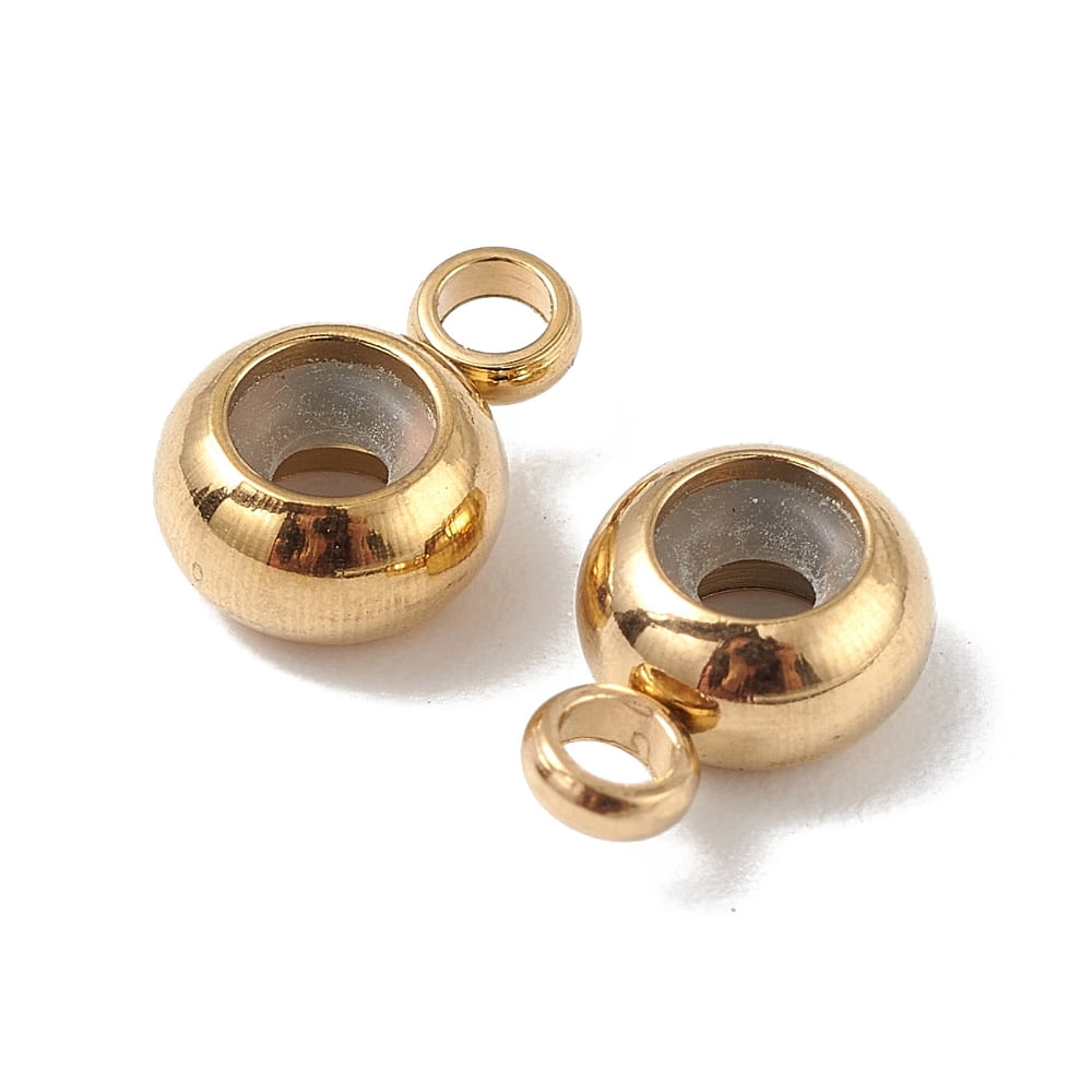 Ion Plating(IP) 202 Stainless Steel Tube Bails Loop Bails with Rubber Inside Rondelle Bail Beads Slider Beads with 304 Stainless Steel Loop Rings Golden 8.7x5.7x3.3mm Hole: 1.8mm and 2mm