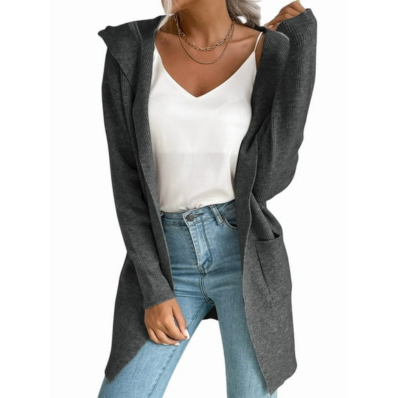 Women Hooded Open Front Long Sleeve Lapel Rib Knitted Winter Fall Sweater Cardigan Coat with Pocket Dark Gray L