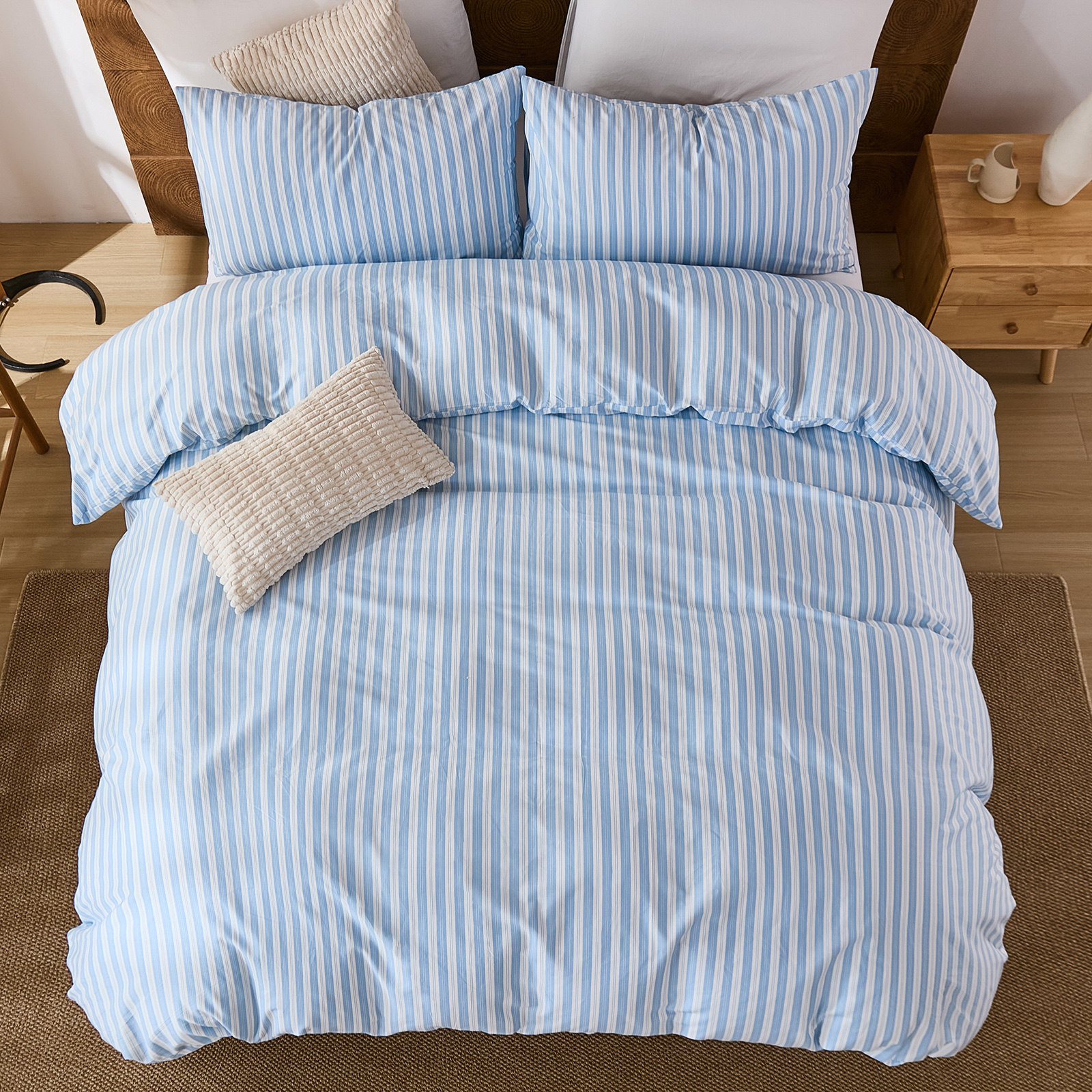 Brown Striped Duvet Cover Set Queen Size, 100% Natural Cotton Linen Like Duvet Cover Set with Zipper Closure & 8 Corner Ties, Brown Khaki Soft Reversible Bedding for All Seasons