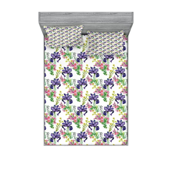 Ambesonne Floral Fitted Sheet & Pillow Sham Set, Garden Blooming Tiny Orchids, Full, Multicolor