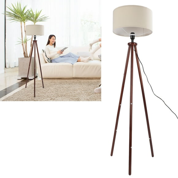 Wooden Tripod Floor Lamp with Flax Lampshade, Modern Design, Foot Pedal Switch, Standing Lamp for Living Room Bedroom, Reading Standing Lamp