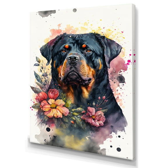 Designart Cute Rottweilers Floral Art I Canvas Wall Art