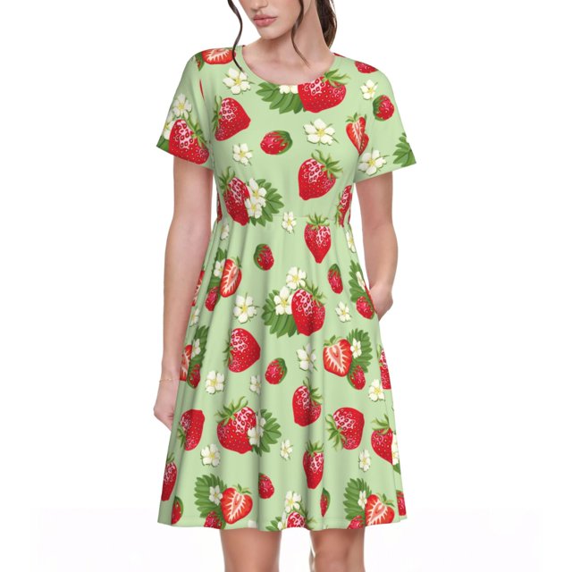 Disketp Strawberry Floral para Vestido de Manga Corta para Mujeres, Vestidos de Verano para Mujeres, Casual y Holgado para la Playa
