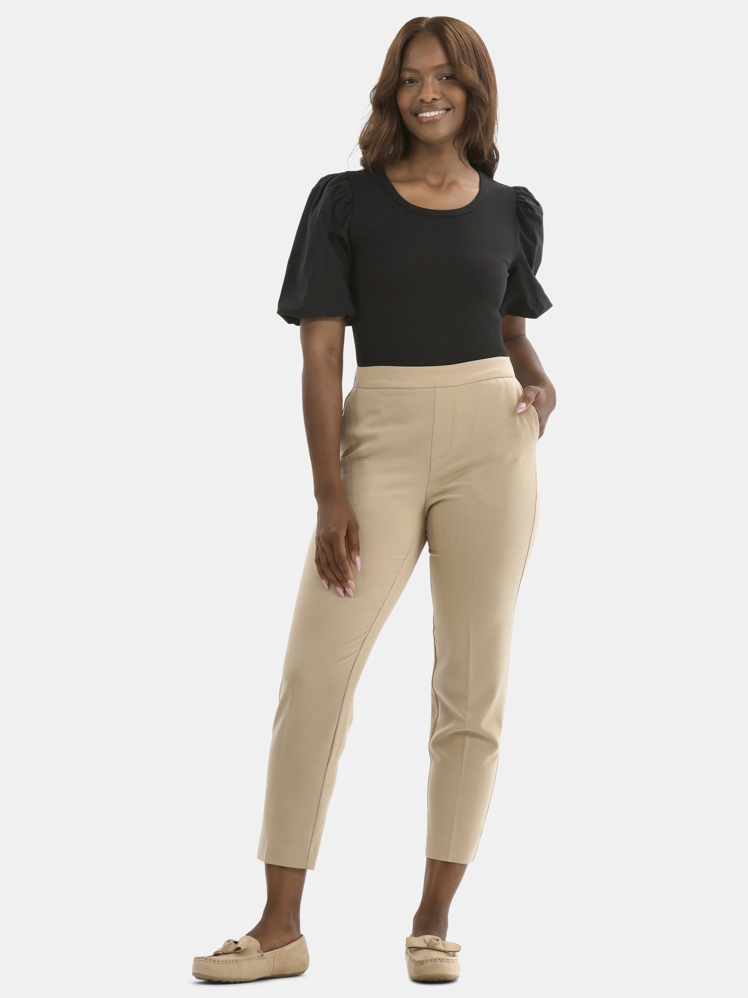 Time and Tru Women's Mixed Media Top with Puff Sleeves, Sizes XS-XXXL
