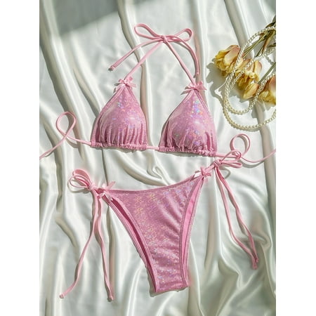 Shiny Pink Micro Bikini Set 2025 Mujer Women Sexy Push Up Thong Swimsuit Summer Bathing Suit Bandage Holiday Swimwear Women