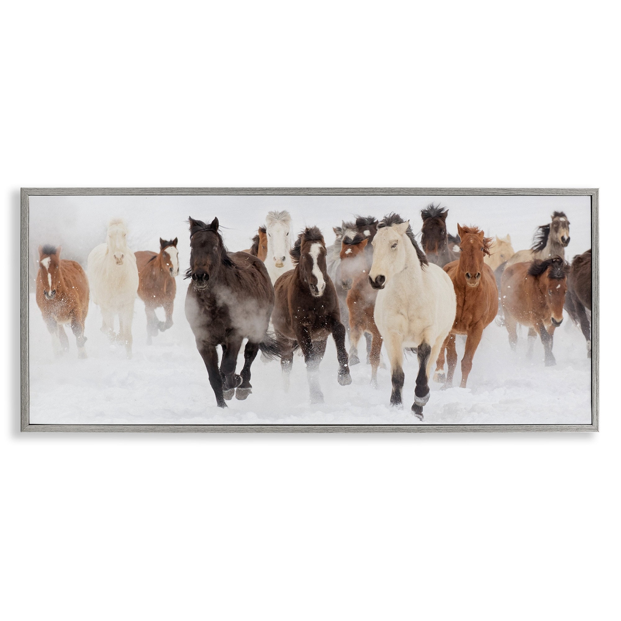Stupell Industries Wild Horses Herd Foggy Winter Day Running Snow Painting Gray Framed Art Print Wall Art, 24x10, by Danita Delimont