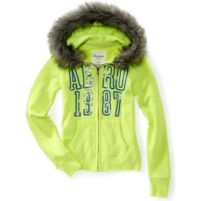 Suéter Aeropostale con capucha de piel sintética con cremallera para mujer amarillo mediano