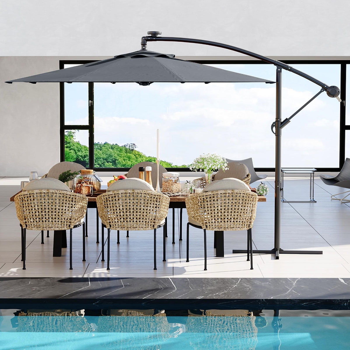 Danolapsi 10FT Offset Patio Umbrella, Hanging Cantilever Umbrella with 360 Rotating Base Outdoor Sun Shade with Easy Tilt Adjustment, 8 Ribs, UV Protection for Backyard, Lawn, Garden and Pool