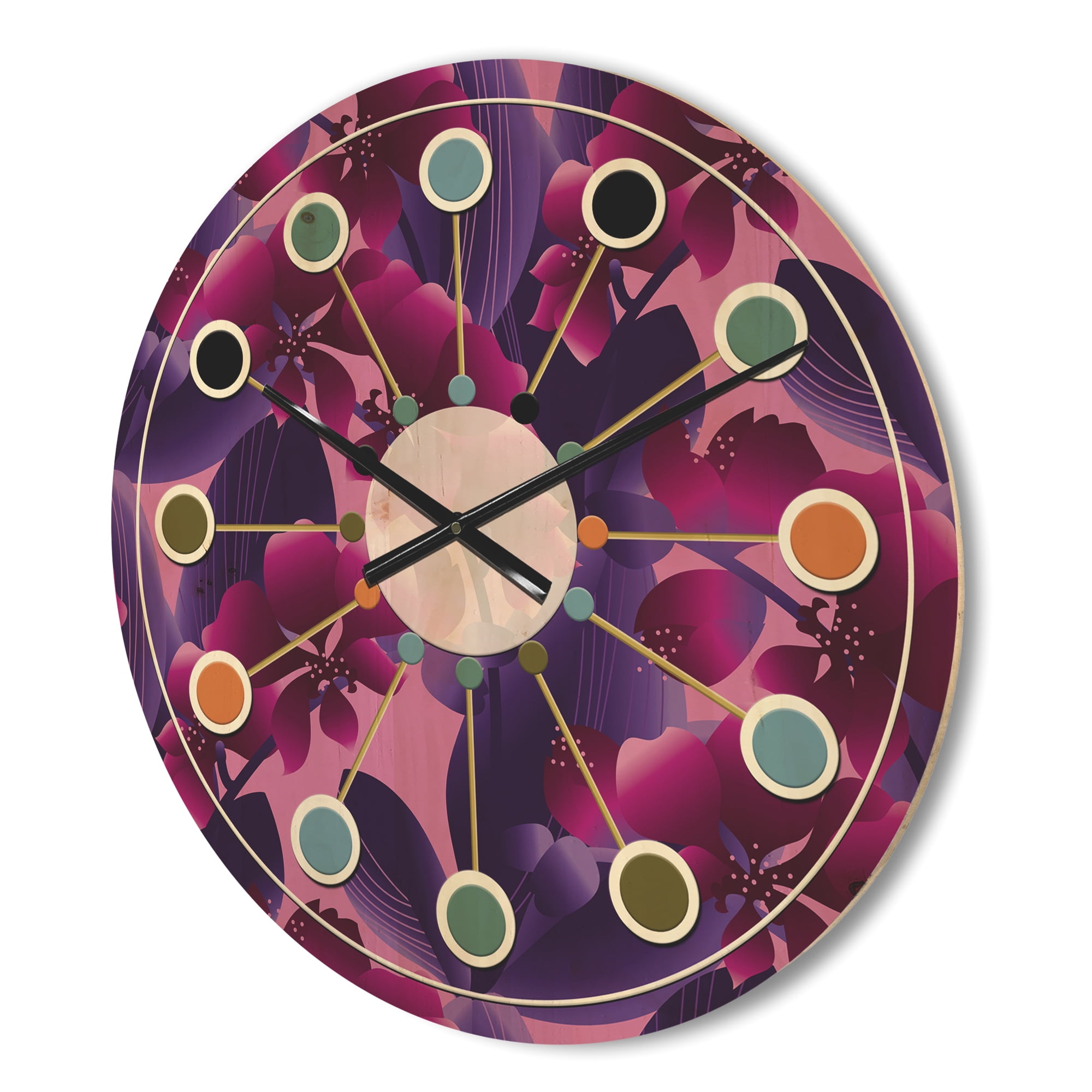 Designart 'Purple Orchid blossom colorful pattern' Mid-Century Modern Wood Wall Clock