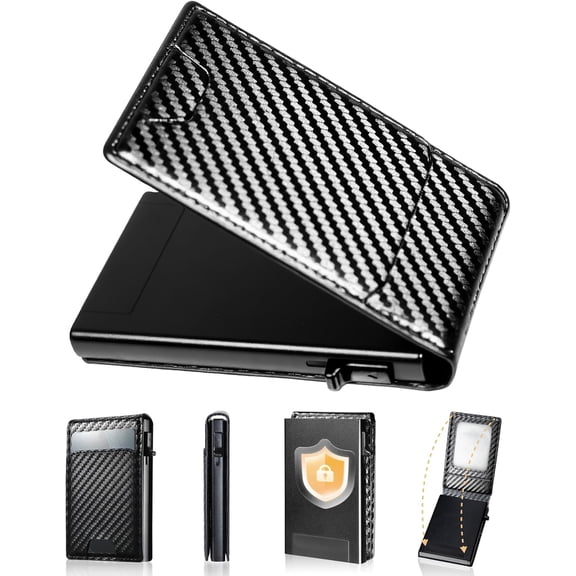 Wallet for Men, RFID Blocking Minimalist Mens Wallet, Slim Front Pocket Metal Credit Card Holder, Compact Pop Up Bifold Card Case with ID Window, Carbon Fiber Black