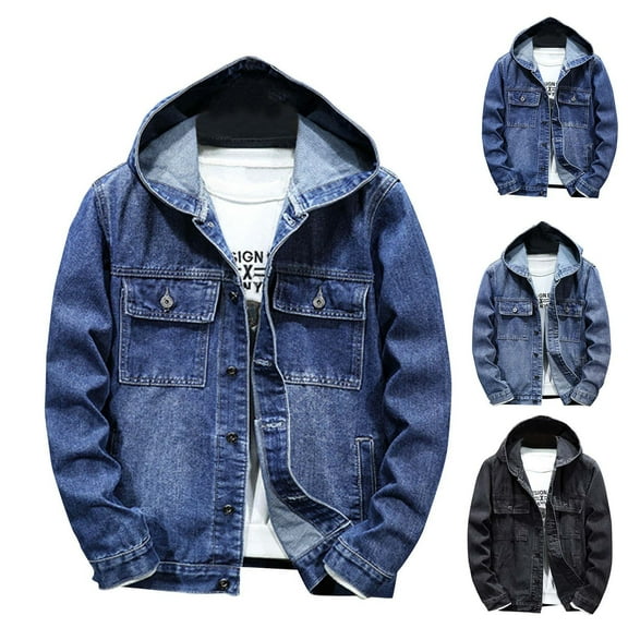 Miluxas Men's Denim Jackets Fashion Solid Color Hooded Jean Sweatshirt Pocket Long Sleeves Hoodies Cargo Coat Tops Light Blue