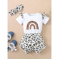 thumbnail image 3 of Baby Girl's  Leopard Letter Rainbow Print Ruffle Short Sleeve Romper + Shorts + Headband 3 Pieces, 3 of 9