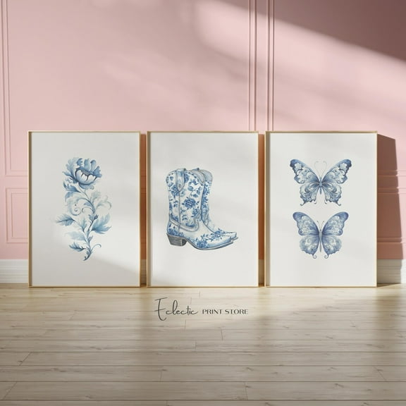 Luvia Blue Chinoiserie Set Of 3 Prints Love Shack Fancy Room Decor Vintage Floral Set Vintage Western Dorm Decor, Modern Wall Decor Set 3 Prints 8x12 UNFRAMED