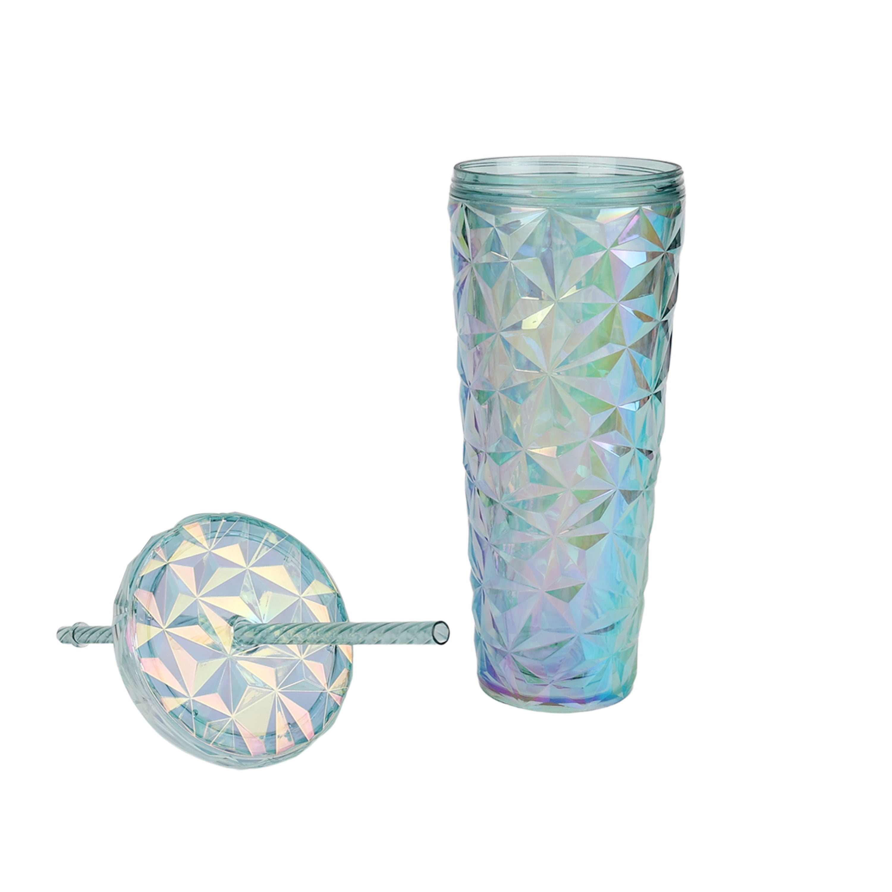 Holiday Time 26 oz Plastic Double Wall Insulated Prismatic Textured Tumbler with Straw, Blue Iridescent