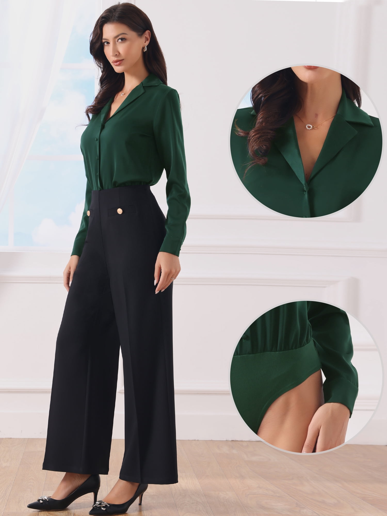 DARING DIVA Satin Bodysuit Button Up Long Sleeve Shirt Medium Dark Green