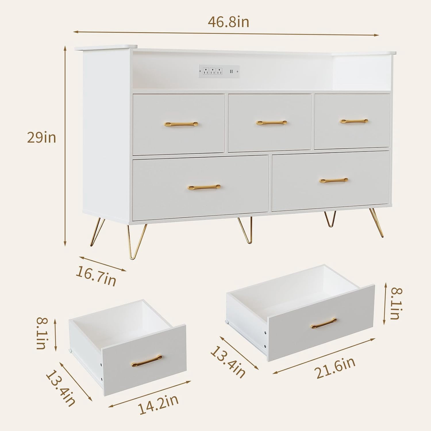 White Dresser for Bedroom, 47" Wide Chest of Drawers with LED Lights, Charging Station & 5 Smooth-Sliding Drawers, Modern Wood Storage Cabinet for Entryway, Hallway, Living Room