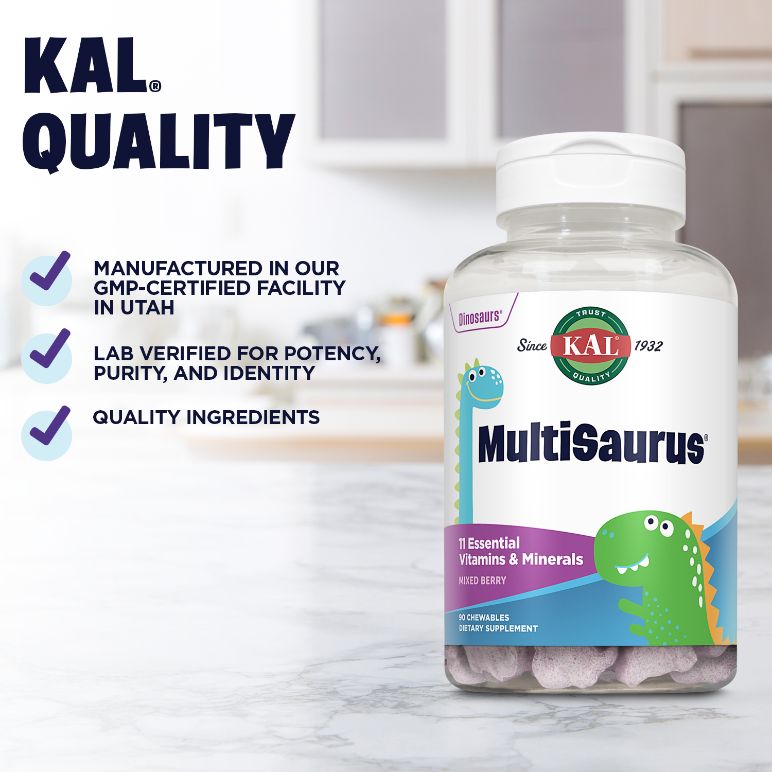 KAL Kids MultiSaurus Vitamins & Minerals | Mixed Berry Flavor | Childrens Once Daily Multivitamin | 90 Chewables - image 5 of 6