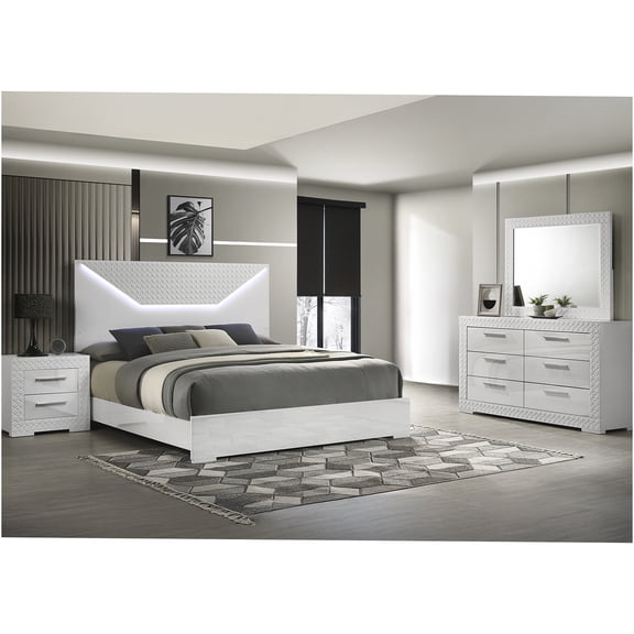 JERFIT 4-Piece Queen Bedroom Set with LED Headboard, Modern White Wood Bed Frame, Dresser, Mirror & Nightstand