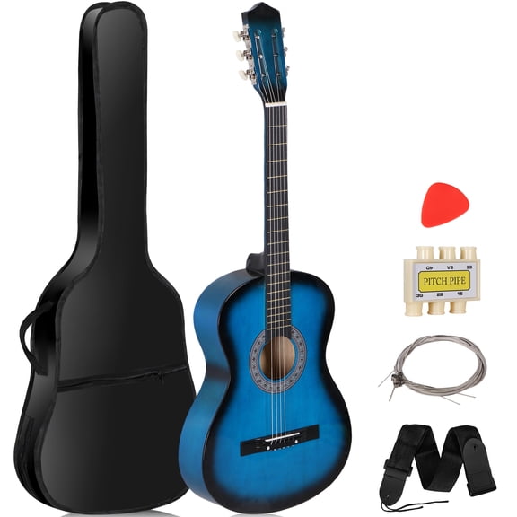 SuperDeal 38-Inch Round Shoulder Acoustic Guitar Kit 6 Strings Full Size Classic Beginners Children Adults All-Solid Wood with Carrying Case, Strap, Tuner and Pick, Blue