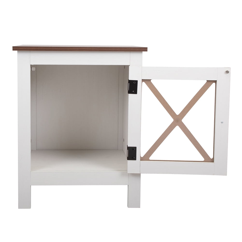 Kadyn Nightstand Side End Table with Barn Door Cabinet, Farmhouse End Table Accent Table, White&Walnut