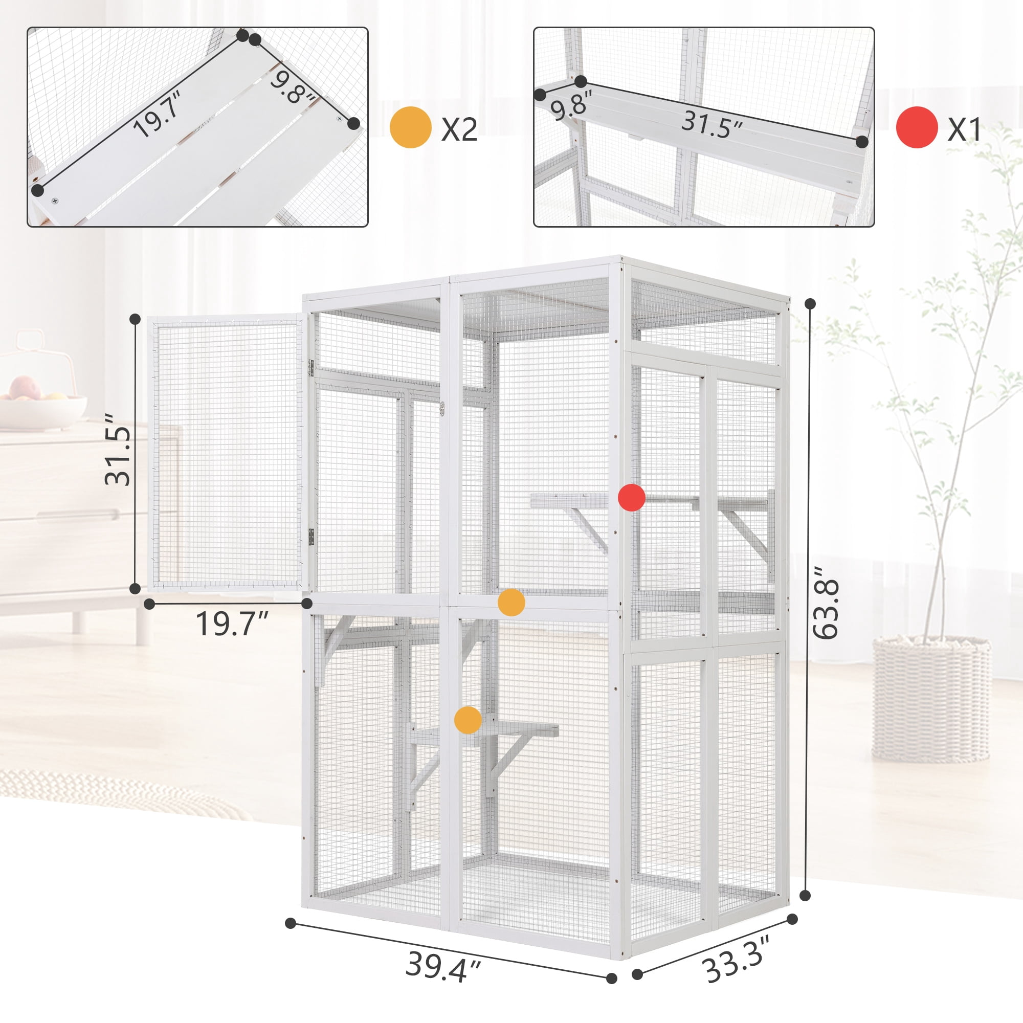 Imerelez Wooden Cat Catio, Outdoor Cat Enclosure, Cat House with Platforms, Sunshine Board, Hammock, Door, Kitten Cage Condo, White
