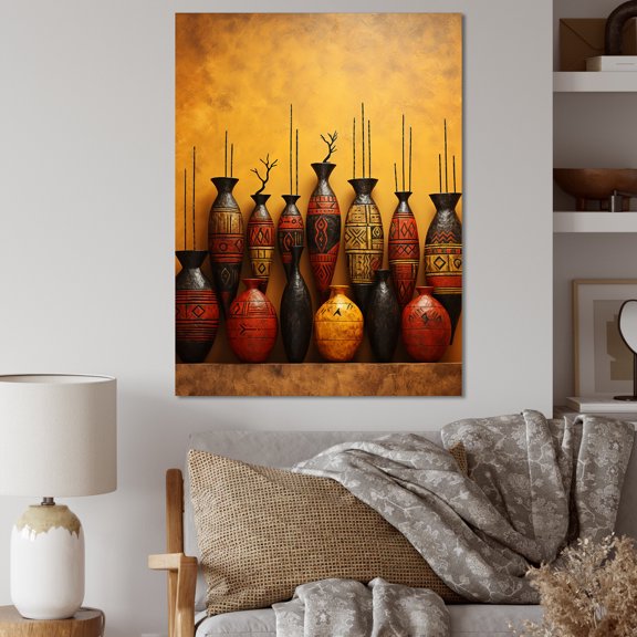 Designart "Canvas of African Pottery in Red" Geometric Canvas Wall Art - Bohemian Red Boho Pottery Bedroom Canvas Wall Art