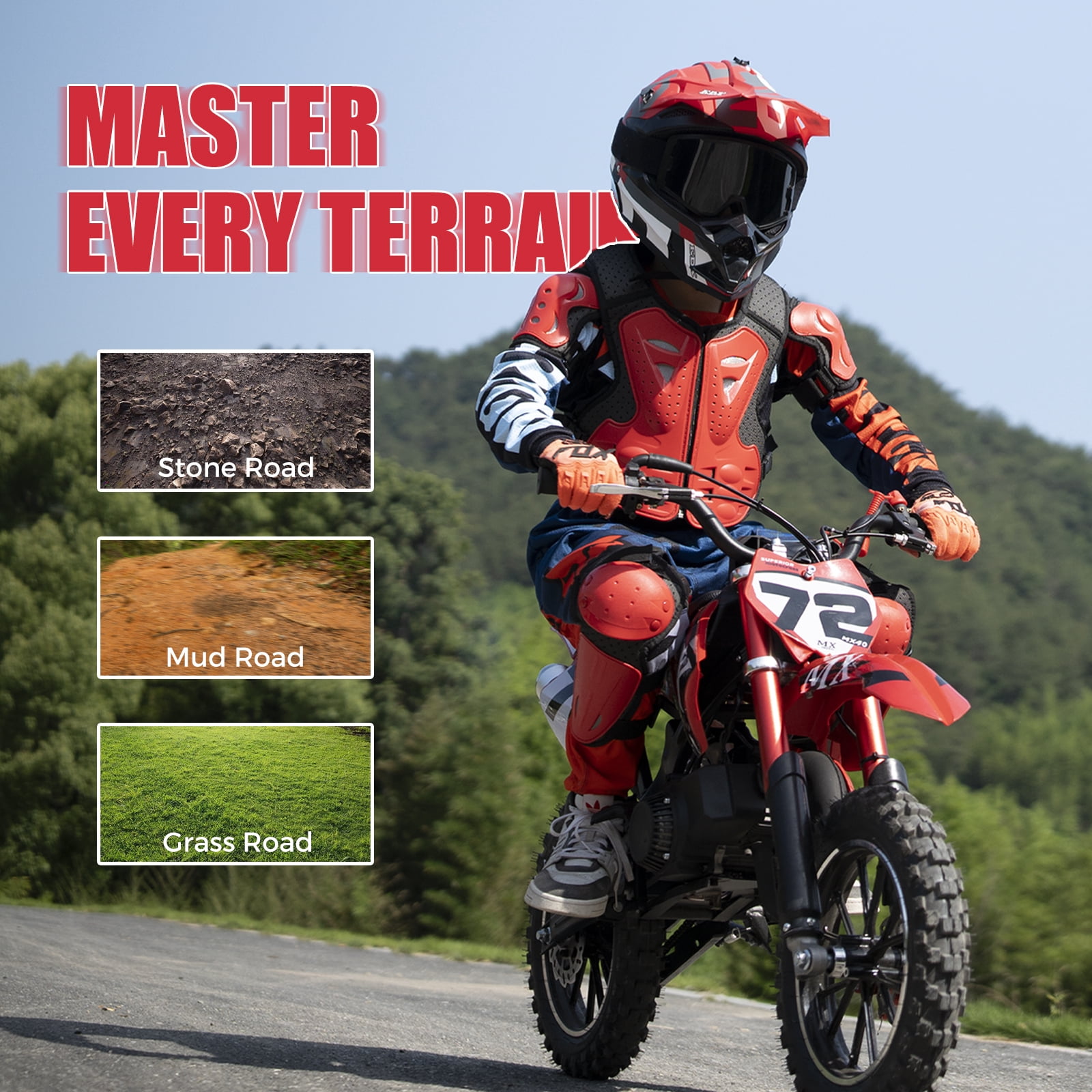 MX Moto 49CC Kids Dirt Bike, 2-Stroke Gas Powered off Road Motorcycle, Tire Shock Absorber Spring Soft Seat Cushion with F & R Disc Brake, Max Speed 24 mph, with Armor