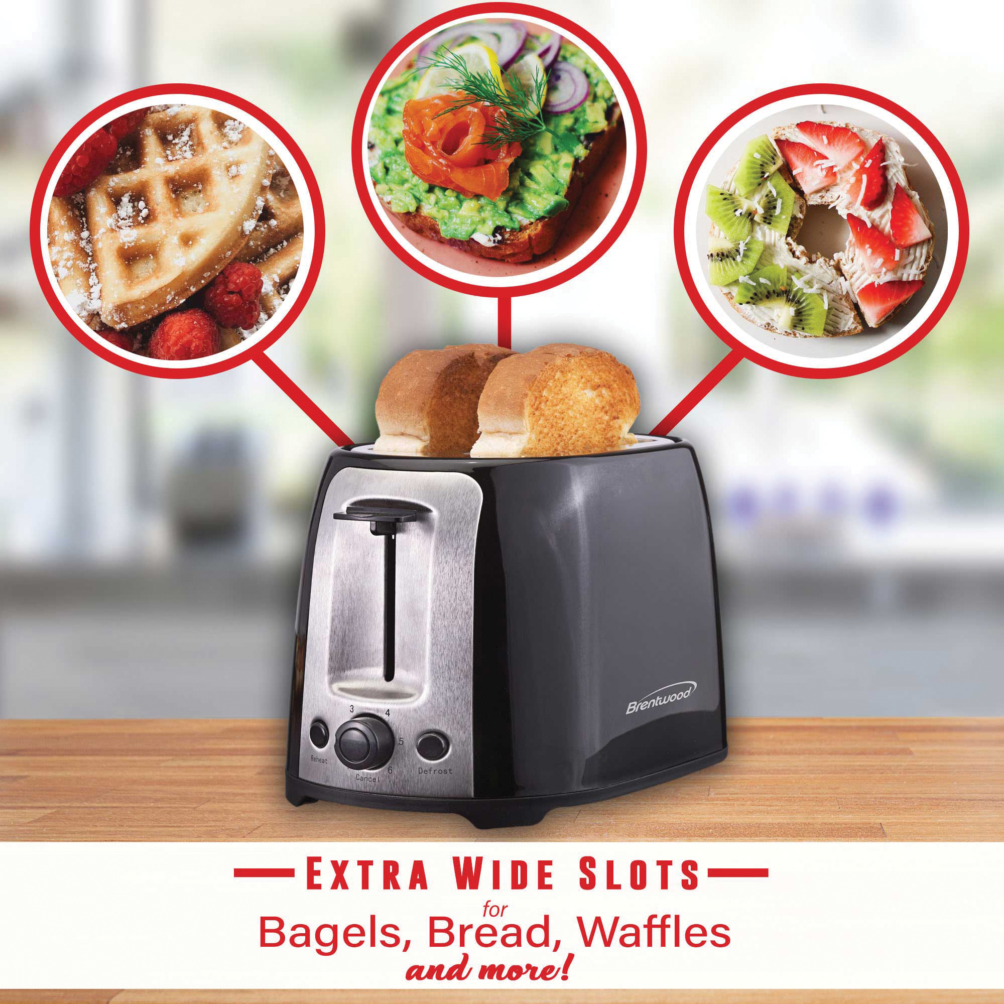 Brentwood 2-Slice Cool-Touch Toaster with Extra-Wide Slots (Black), TS-292BPT