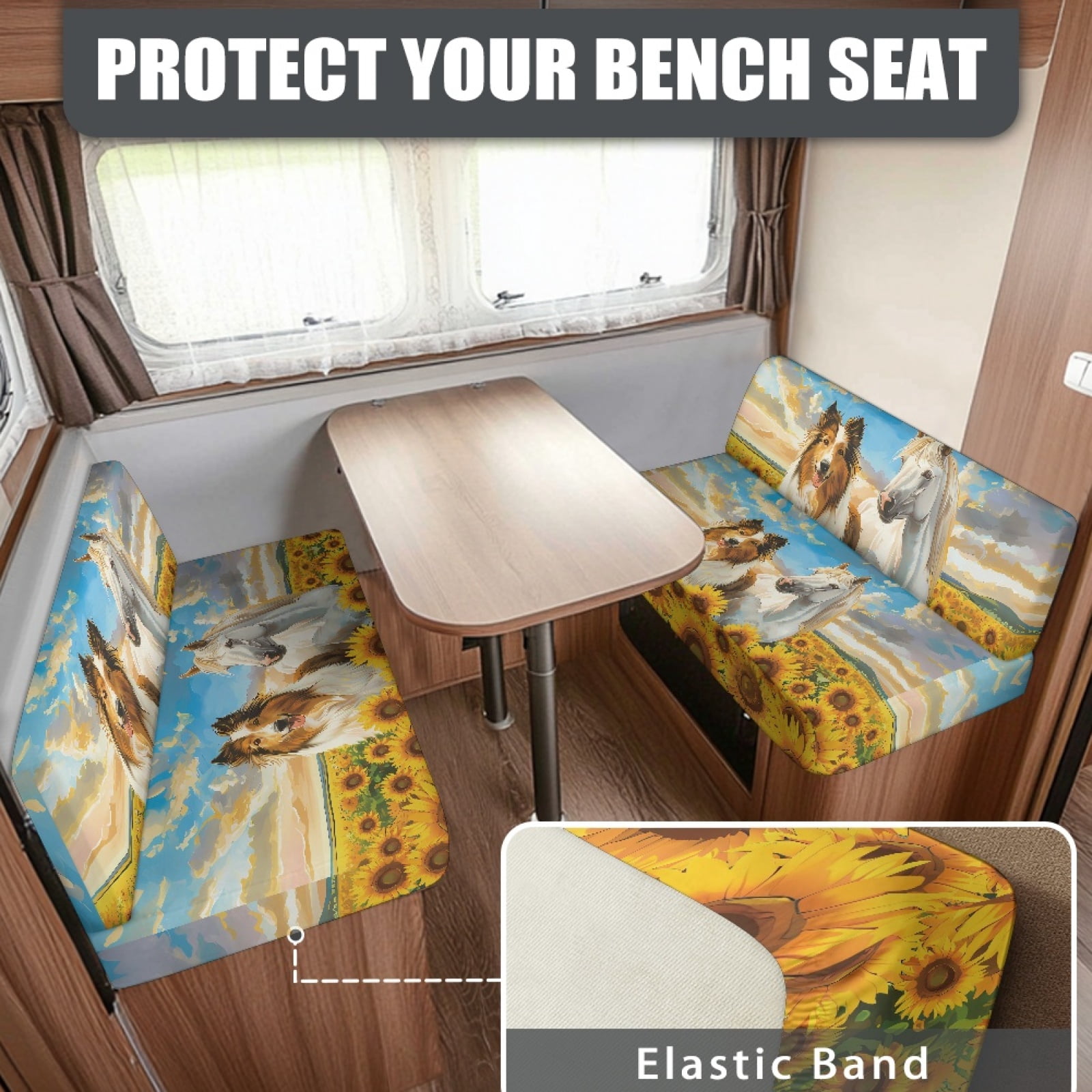 Kuiaobaty RV Dinette Cushions Covers RV Stretch Sofa Seat Slipcovers with 1 Backrest Cover & 1 Bench Cover Home & Kitchen Accessories for RV, Blue Sky Sheltie Dog Horse Sunflower Pattern