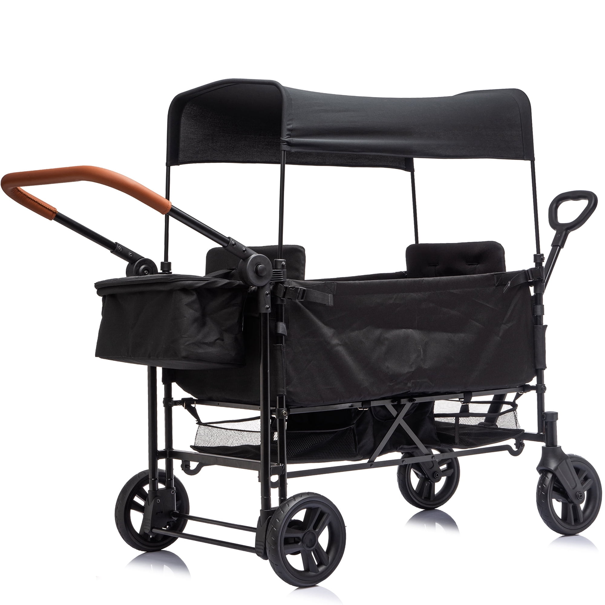 iRerts Wagon Stroller for 2 Kids, Foldable 2-Seater Stroller Wagon with Canopy, 5-Point Harness, Adjustable Height Push/Pull Handle, 8" All-Terrain PU Wheels, 97L Large Capacity, Black