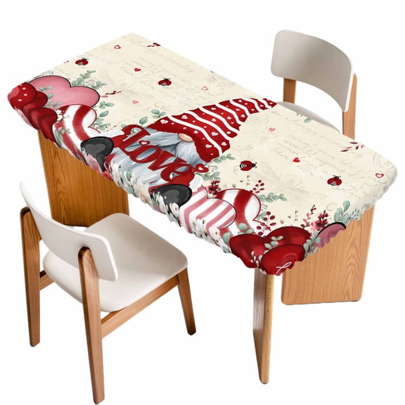 Valentines Table Cloths for 6 Foot Rectangle Tables, Pink Red Love Heart Gnomes Eucalyptus Rustic Patio Waterproof Elastic Fitted Tablecloths, Washable Rectangular Table Cover for Camping
