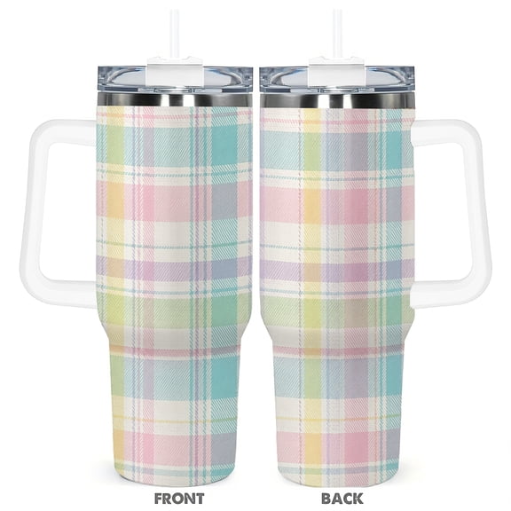 Preppy Checkered Macaron Plaid 40oz Travel Tumbler With Straw And Handle, Leak Proof Insulated Stainless Steel Cup