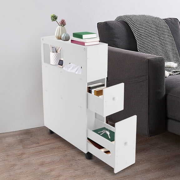 Toilet Slim Bathroom Storage Cabinet with Wheels,2 Drawers Narrow Floor Cabinets for Bathroom,White