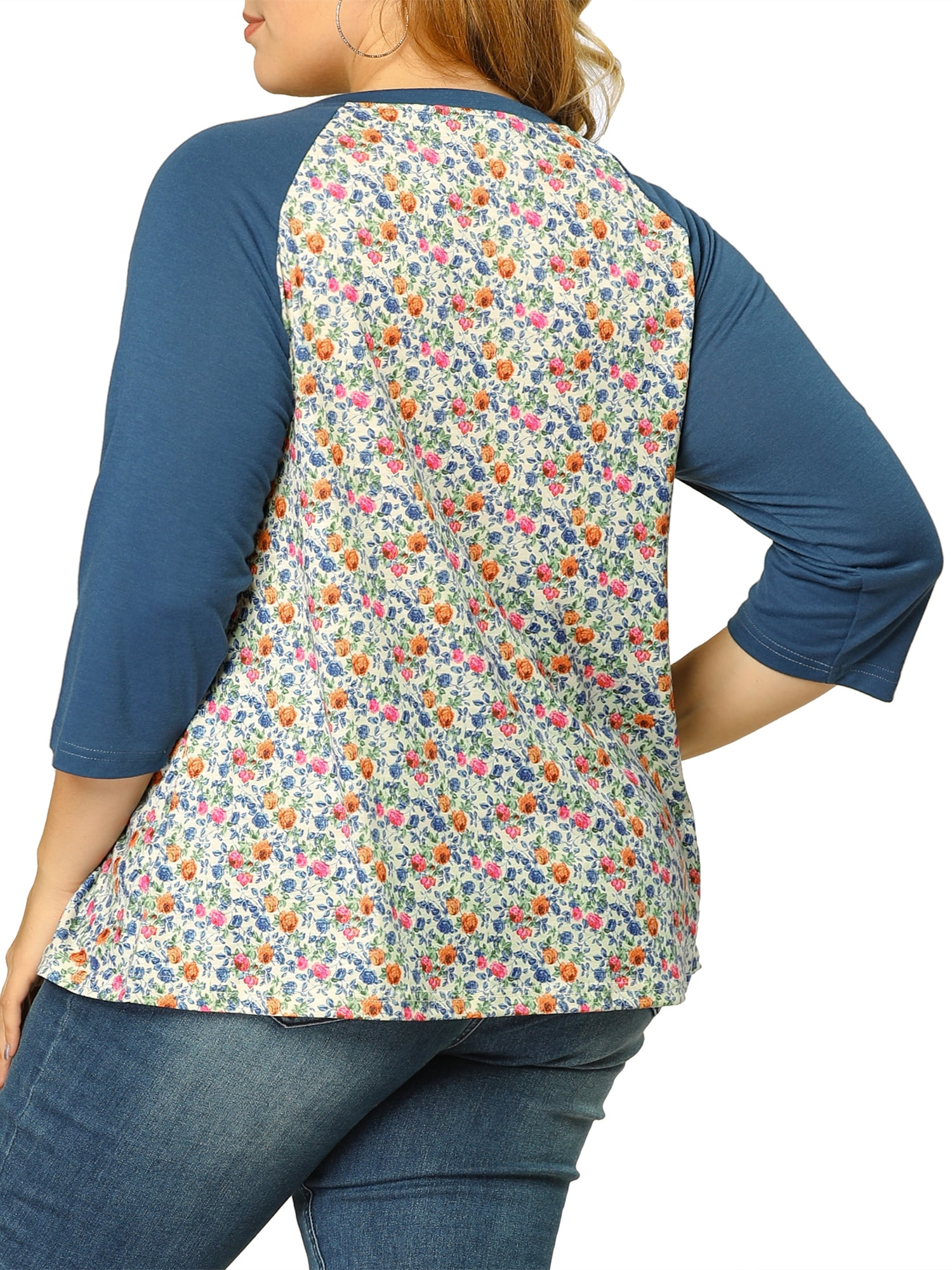 Unique Bargains Juniors' Plus Size 3/4 Sleeve Floral Female Modern Raglan Tops 4X Blue