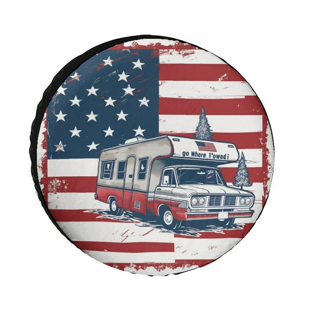 Housse de Pneu de Rechange pour Véhicule Récréatif Je Vais Où Je Suis Remorqué Drapeau Américain Protecteurs de Roues Résistants aux Intempéries Housse de Pneu Décorative Vintage pour Remorque SUV Camion Accessoires de Voyage 12 Pouces