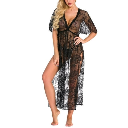 MGCWSH Lingerie for Women Sexy Long Lace Dress Sheer Gown See Through Kimono Robe Black 2XL