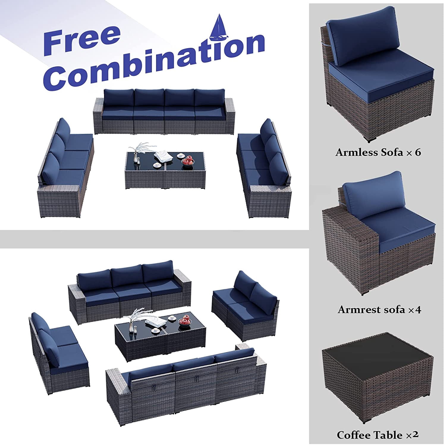 Gotland 12 Pieces Outdoor Patio Furniture Set PE Rattan Wicker Conversation Set w/10 Seats and 2 Coffee Tables